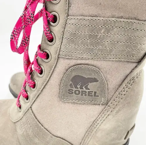 Sorel  Lexie Wedge Boots Quarry Grey Fuchsia Pink Lace Up Winter Booties Size 6