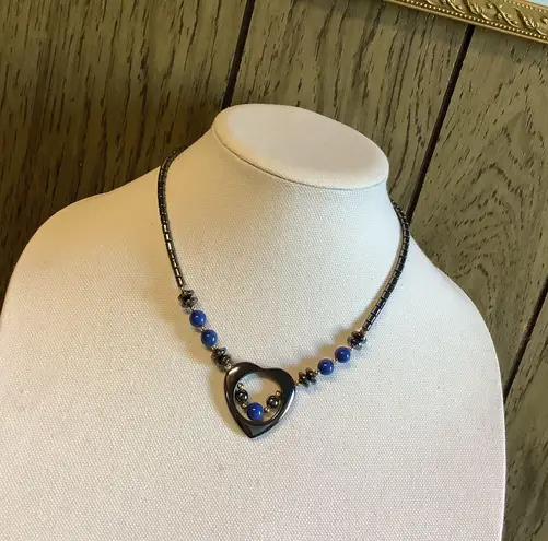 Y2K Blue Sliver Beaded Heart Necklace 17”