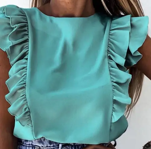 NEW Claudia G Aqua Blue Orchid Ruffle Top Open Bow Tie Back Flutter Sleeves L Size L
