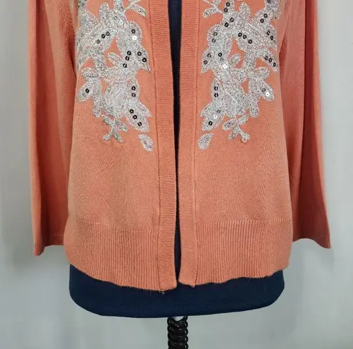 INC International Concepts Open Front Cardigan Sweater Silver Applique Orange Size L