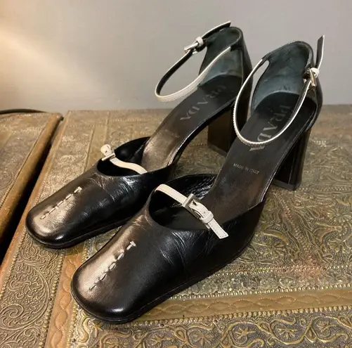 Prada D'Orsay pumps Y2K square toe ankle strap black cream