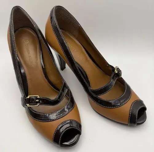 Etienne Aigner Cynthia Women's 7M Peep Toe Heels Brown & Tan Faux Leather Shoes