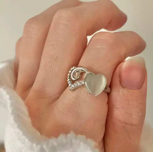 Boutique Double Heart Silver Rhinestone Moonstone Ring Iridescent Opaque Promise Girlhood Jewelry