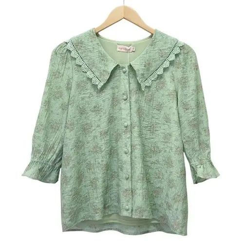NWT Ivy City Co Hadley Blouse Pistachio Green Floral Lace Trim Collar Size XS