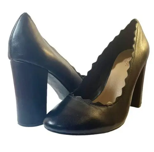 Crown Vintage Willow Black Leather Retro Scalloped Block Heel Pump Womens Size 9