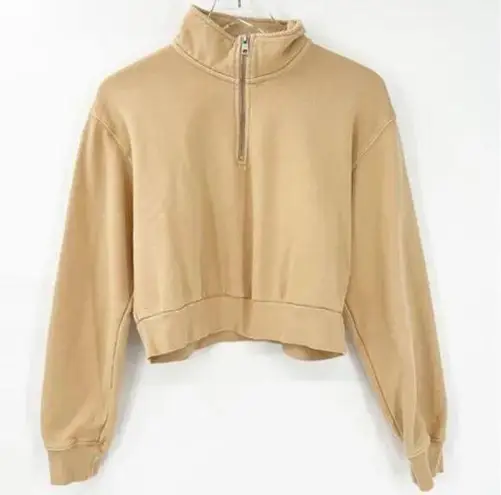 Aritzia TNA Cozy AF 1/4 Pullover Size Large Color is Yellowish Tan Cropped Brown