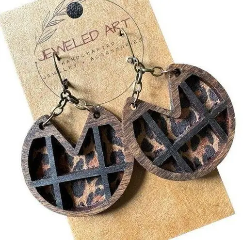 JEWELED ART Hand Painted Cheetah Pane Wood Earrings Rustic Farmhouse Leather