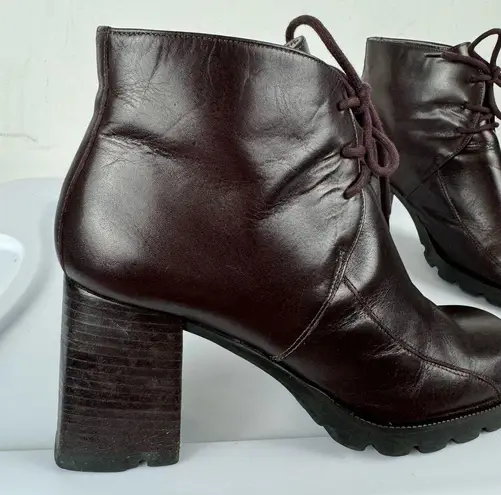 Vtg Y2K Chunky Heel Leather Square Toe Lace Up Ankle Boots Sz 7.5 Brown Wine