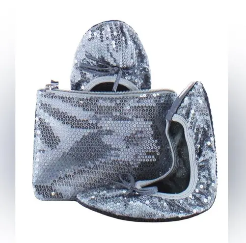 Flip Flats by Me Moi Sparkling Silver Sequin Flats with Matching Pouch (SH98) Size undefined