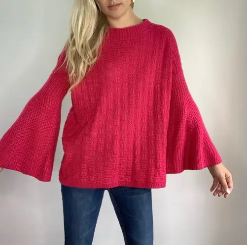 Umgee  fuchsia Pink Bell Sleeve Chunky Knit Sweater size L loose oversized barbie