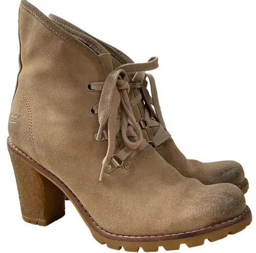 UGG  Authentic Calynda Tan Mid Ankle Lace Up High Heel Boots Genuine Leather