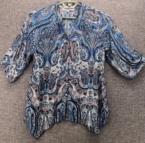 Womens Tunic Medium Fairy Blouse Boho Bohemian Flowy Paisley Handkerchief Hem Blue