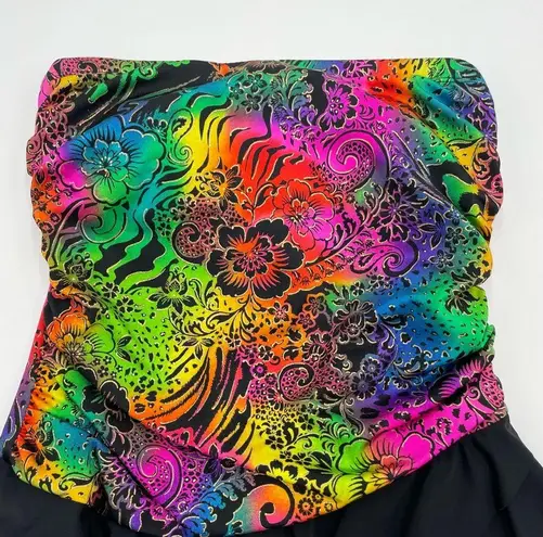 Vintage 80s Swimsuit Strapless Rainbow Lisa Frank Style Floral Black Skirt Women