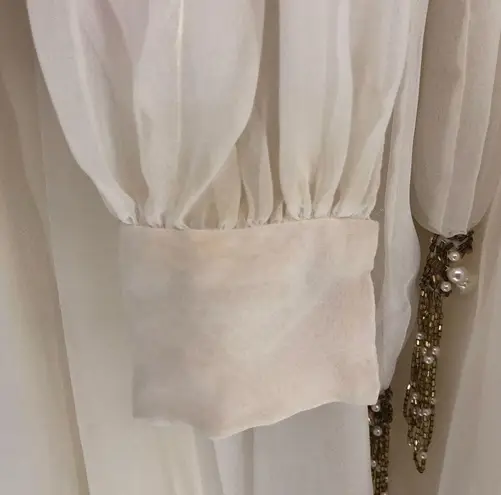 70’s Cream Beaded Sheer Layers Maxi Dress Wedding Gown Long Sleeve Pearls Sequin Size M