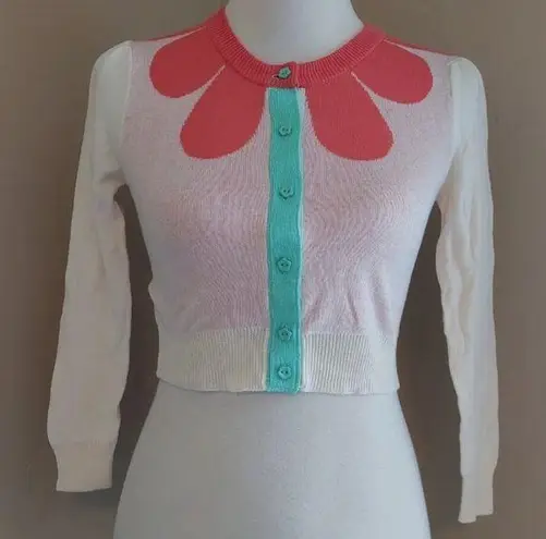 Modcloth NEW  Brand Cropped Unique Flower Cream Coral & Mint Retro Cardigan XXS