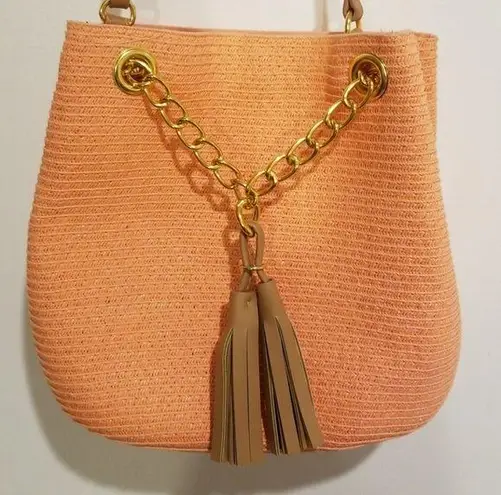 Straw Crossbody Bucket Bag ~ Coral