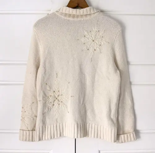 Talbots  Angora Cashmere Cardigan Medium Petite Cream Snowflakes Sequin Beads VTG