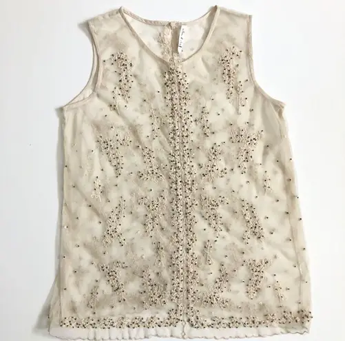 Willow & Clay Top Crocheted Beaded Cami Sleeveless Floral Mesh Sheer Cream Black