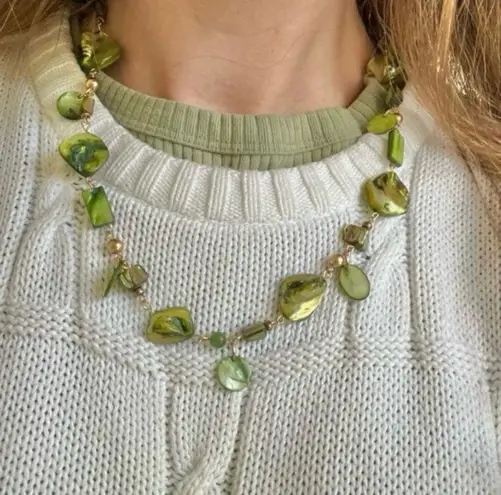 Green Abalone Necklace Vintage “Tigris” Remade Shell Beachy Assymetric Boho