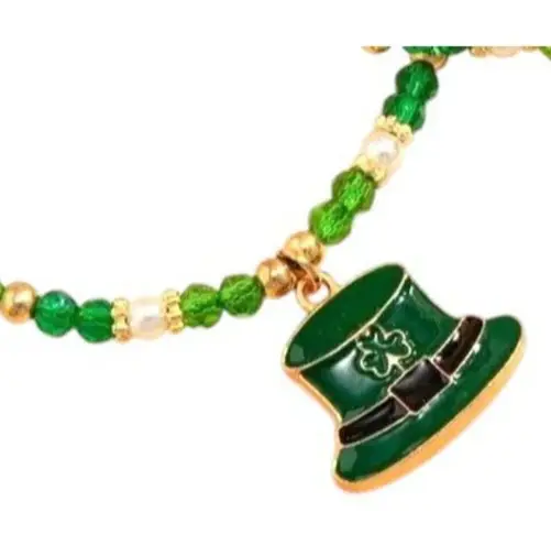 St Patricks Day Knotted String Beaded Bracelet Anklet Leprechaun Hat Sha… Green