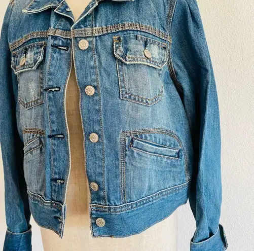 Old Navy Y2K  Denim Blue Jean Cotton Jacket Back Bedazzled Silver Sparkle Cross