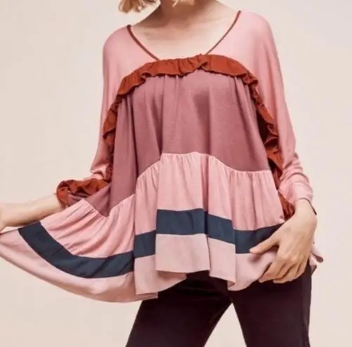 Anthropologie  Meadow Rue Mina Colour Block Ruffle Top thumbnail 1