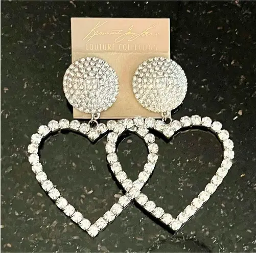 KENNETH JAY LANE Crystal Studded Heart Dangle Earrings / Silver Tone & Crystals