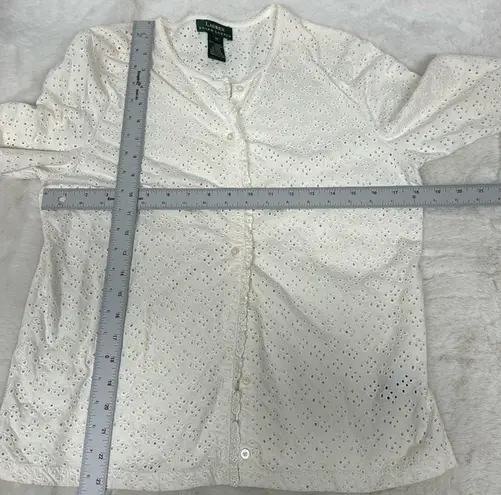 Lauren Ralph Lauren Button Blouse Women 3/4 Sleeve White Eyelet 100% Cotton Med