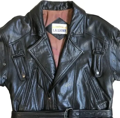 VTG 90s Y2K Black Genuine Leather Long Belted Zip Front Bomber Biker Jacket Coat