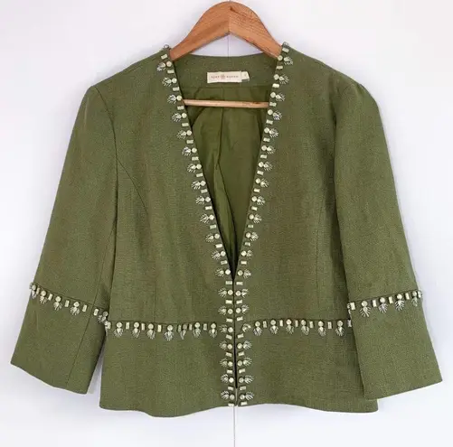 Tory Burch  Embellished Avery Linen Boxy Jeweled Crop Jacket Green Silver US 6