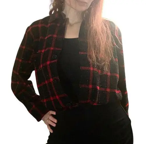 Christopher & Banks Vintage 90’s  Black Red Plaid Glitter Blazer Jacket Size M