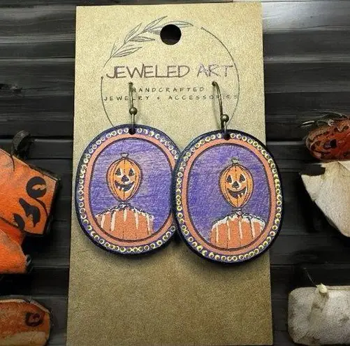 JEWELED ART Spooky Pumpkin Head Oval Earrings Hand Painted Wood Halloween Purple