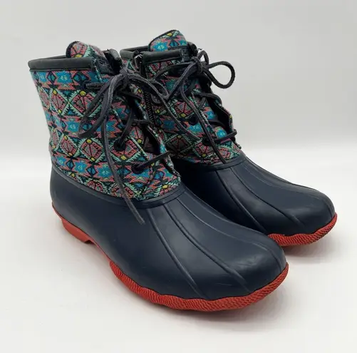 Sperry Saltwater Textile Navy Coral Aztec Print Snow Rain Duck Boots Women’s 8