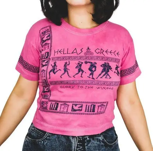 1990s Hellas Greece Hot Pink Crewneck Souvenir Graphic T
