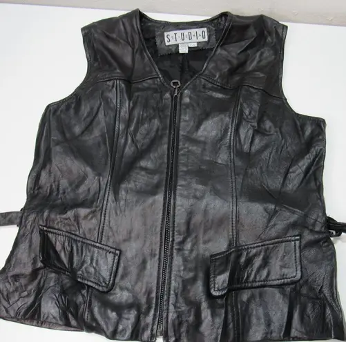 Vtg Siena Studio Women's lg Black Soft Leather Vest w/belt Moto Y2k Goth Grunge