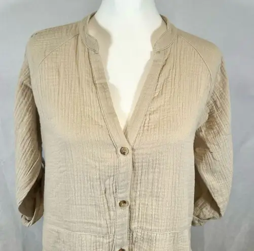 Solai the Label beige 100% cotton linen shirt dress with pockets size small Tan