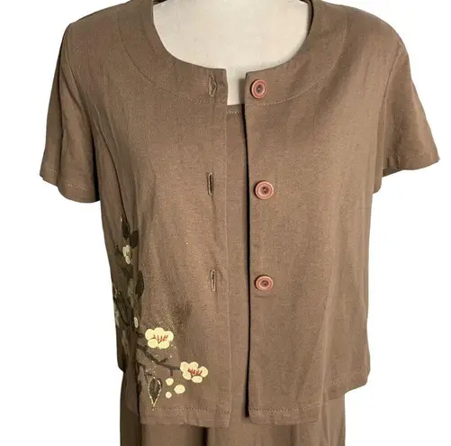 Vintage 90s Hand Painted Maxi Dress Set S Mocha Hawaiian Button Up Top Floral Brown