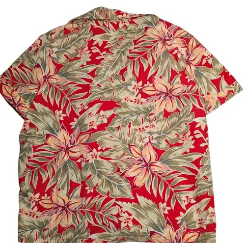 Sag Harbor Vtg 1990s Red Green Hawaiian Aloha Floral Print Button Up Top XL
