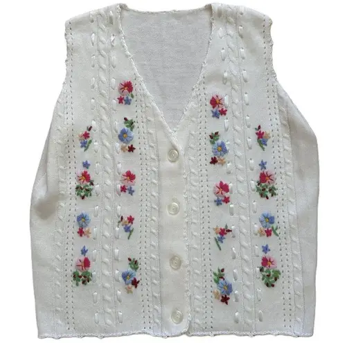Vintage Floral Embroidered Lightweight Knit Vest Womens Size M Cottagecore Size M