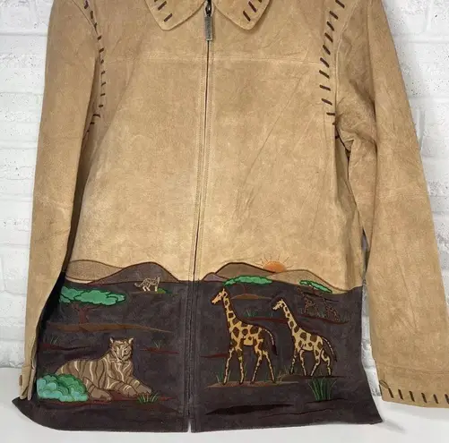 VTG Leather Tan Safari Elephant Animal Boho Jacket Coat Nature quaker factory M Size M
