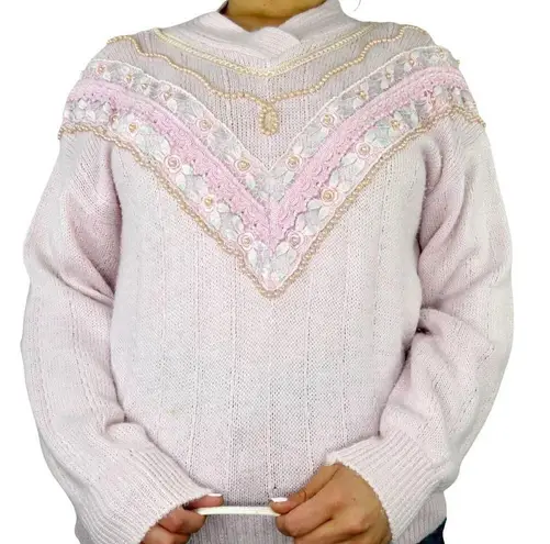 Jaclyn Smith Vintage Pink Beaded Pearl Embroidered Sweater Large Grandmacore