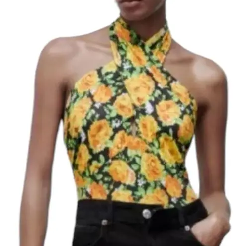 ZARA  Twist Neck Floral Halter Top Bodysuit Small Yellow Green Floral Sz M