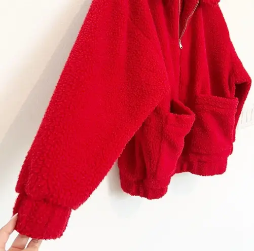 I am gia  Pixie Oversized Teddy Sherpa Full Zip Jacket Fleece Coat Red Medium