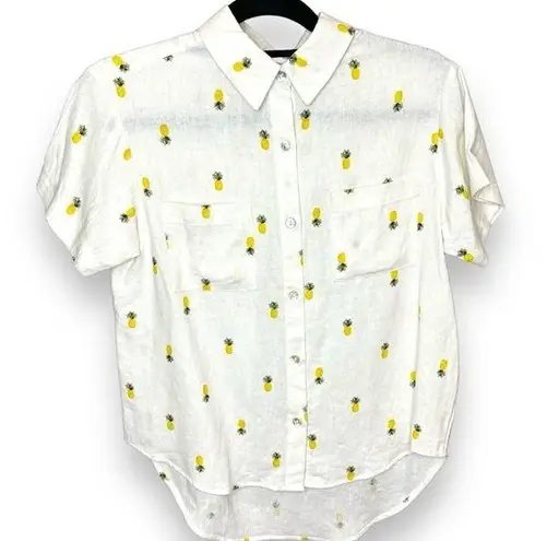 Rae Dunn NWT  Linen Rayon High Low Pineapple Print Short Sleeve Button Up - Small