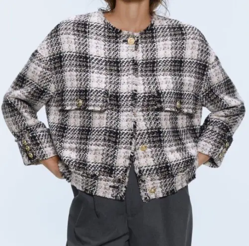 ZARA  Plaid Tweed Jacket Blogger Favorite Cropped Blazer Ballloon Sleeve