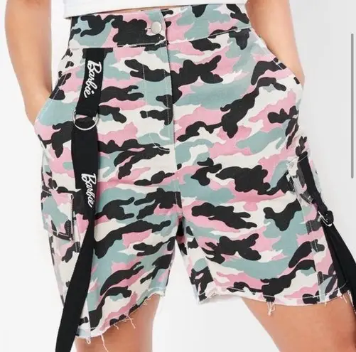 Missguided Barbie high rise pink camouflage high rise raw hem retro army shorts