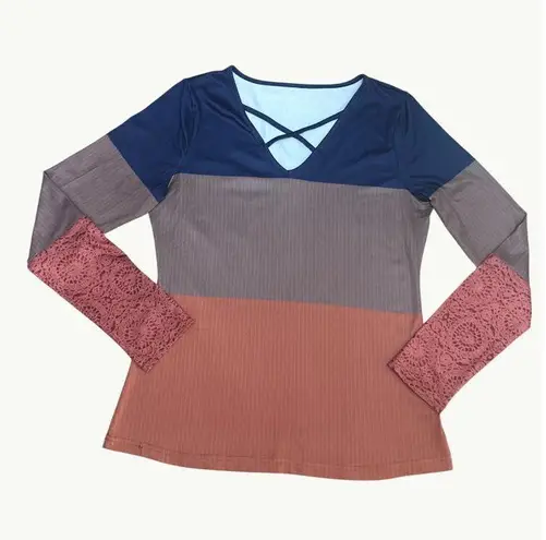 Colorblock Long Sleeve Athletic Knit Top Soft Lightweight Stretch Sleeves Small Blue Size undefined