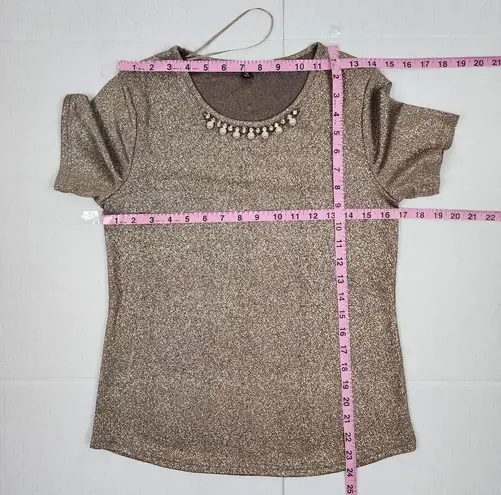 Chances R Shimmery Top Gold Metallic Faux Pearls Rhinestones Stretch Size SP