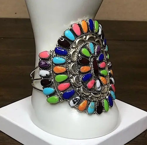 Sterling Silver Petit Point Gemstone and Handcrafted Native American Navajo Cuff