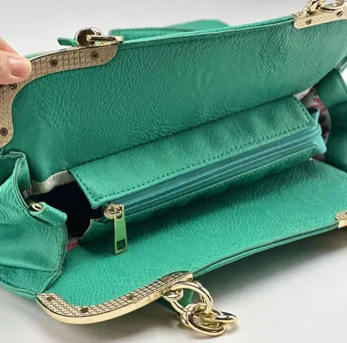 Lux teal hard bottom and side shoulder bag gold accent